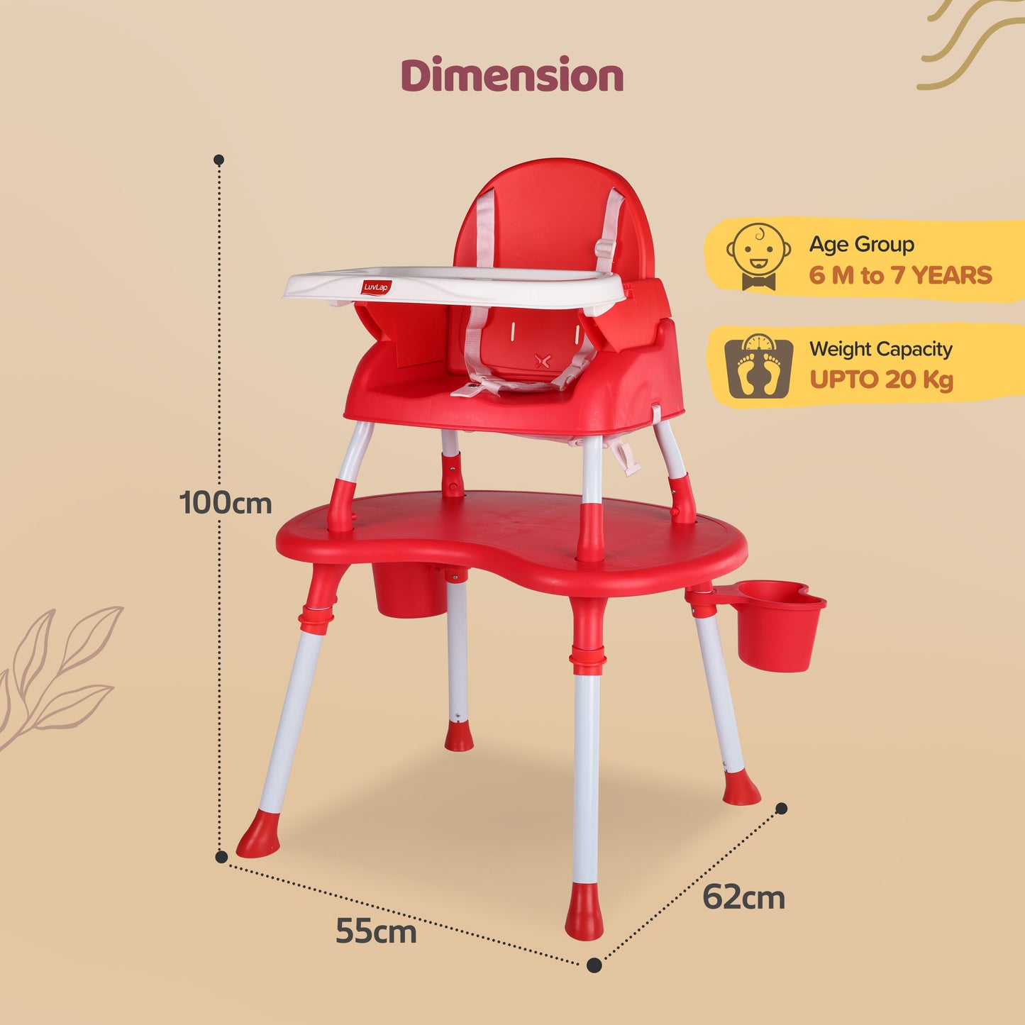 4 in 1 Convertible Baby High Chair with 3 Point Safety Belts, High Chair, Low Chair, Booster Chair and Table for Baby, Removable & Washable Food Tray 6 Months+ (Red)