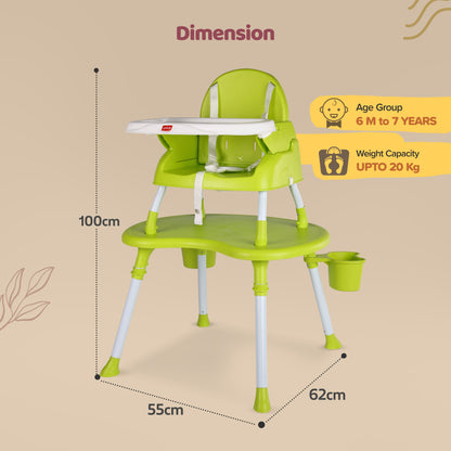4 in 1 Convertible Baby High Chair with 3 point Safety belts, High Chair, Low Chair, Booster Chair and Table for baby, Removable & washable food tray 6 months+ (Green)