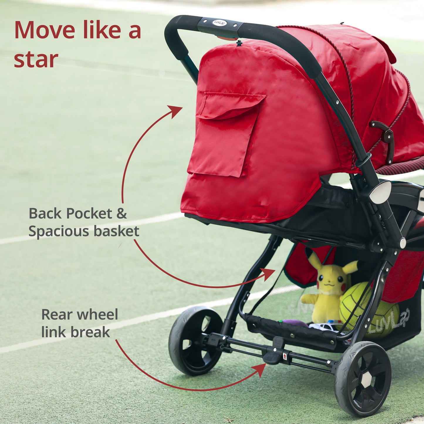 Galaxy Baby Stroller, Pram for Baby with 5 Point Safety Harness, Spacious Cushioned Seat with Multi Level Seat Recline, Easy Fold, Lightweight Stroller for 0 to 3 Years (Red & Black)
