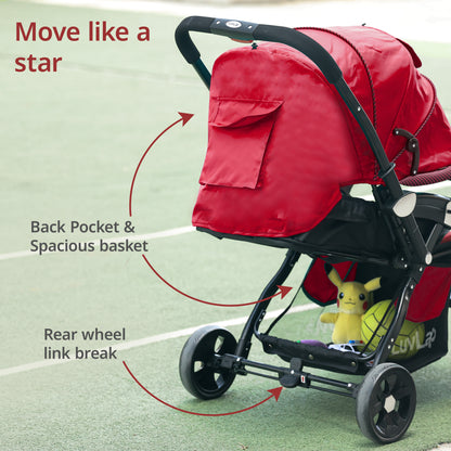 Galaxy Baby Stroller, Pram for Baby with 5 Point Safety Harness, Spacious Cushioned Seat with Multi Level Seat Recline, Easy Fold, Lightweight Stroller for 0 to 3 Years (Red & Black)