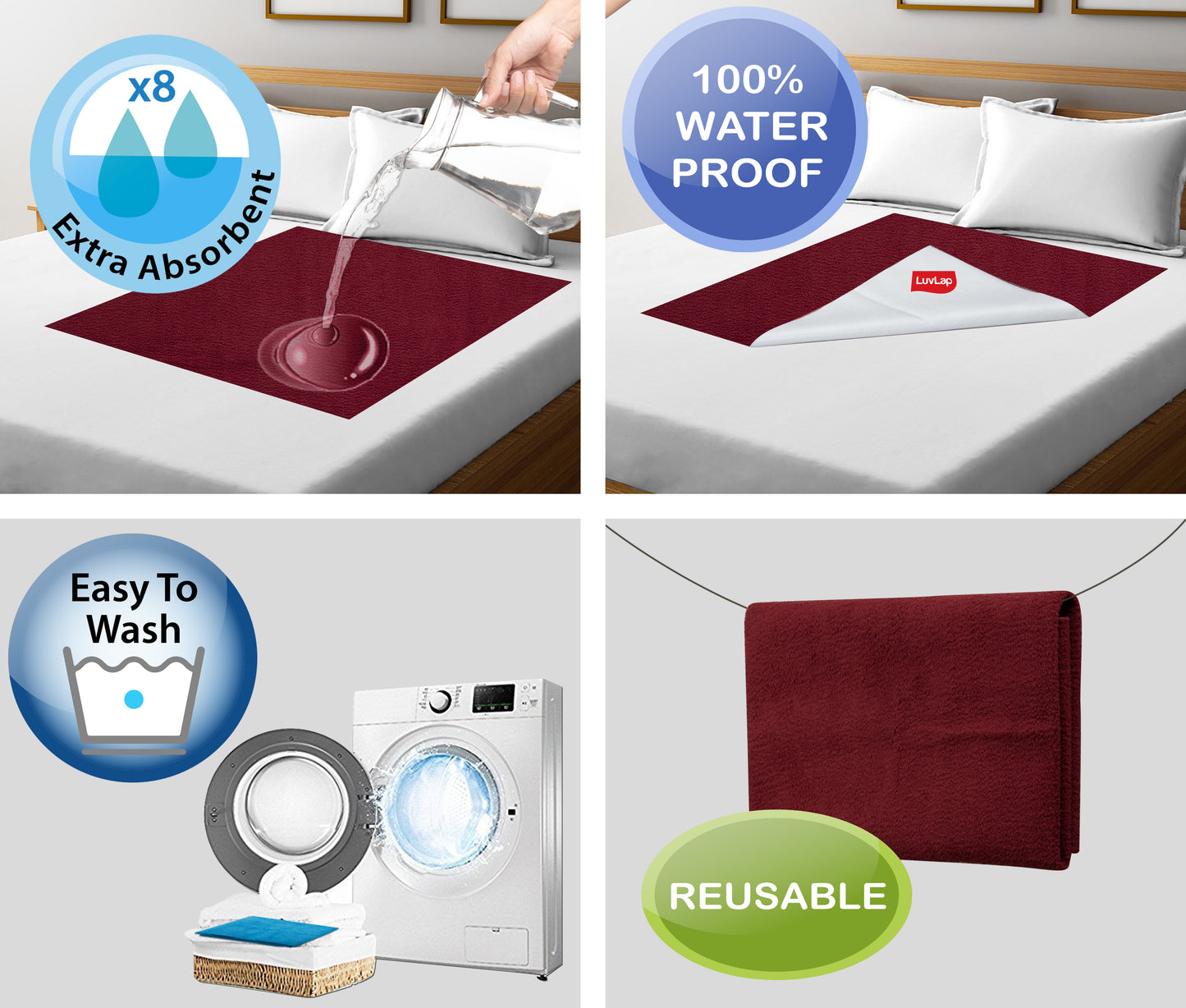 Instadry Baby Bed Protector, Maroon, Medium