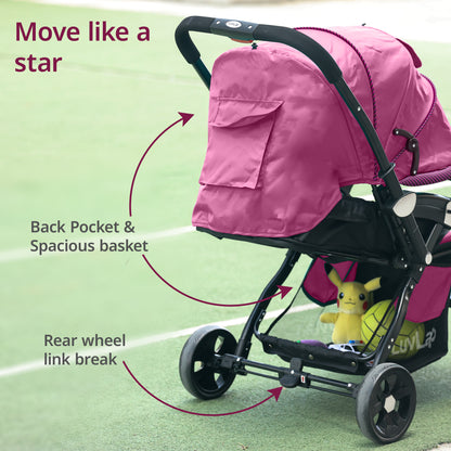 Galaxy Baby Stroller, Pram for Baby with 5 Point Safety Harness, Spacious Cushioned seat with Multi Level seat Recline, Easy Fold, Lightweight Stroller for 0 to 3 Years (Pink & Black)