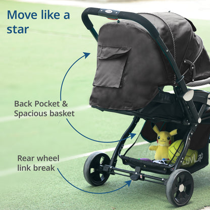 Galaxy Baby Stroller, Pram for Baby with 5 Point Safety Harness, Spacious Cushioned seat with Multi Level seat Recline, Easy Fold, Lightweight Stroller for 0 to 3 Years (Black)