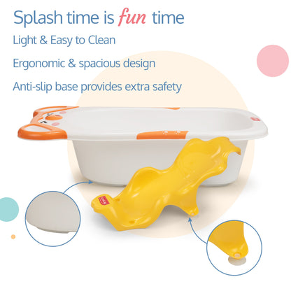 Bubble Baby Bathtub (White & Orange) & Anti Slip Baby Plastic Bath Chair (Yellow)