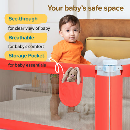 Bed Rail Guard for Baby/Kids Safety, 180cm x 72 cm, Portable & Foldable, Baby Safety Essential, Adjustable Height, fits All Bed Sizes (Red - Without Print)