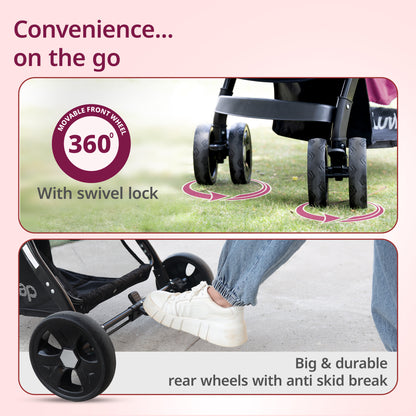 Galaxy Baby Stroller, Pram for Baby with 5 Point Safety Harness, Spacious Cushioned seat with Multi Level seat Recline, Easy Fold, Lightweight Stroller for 0 to 3 Years (Pink & Black)