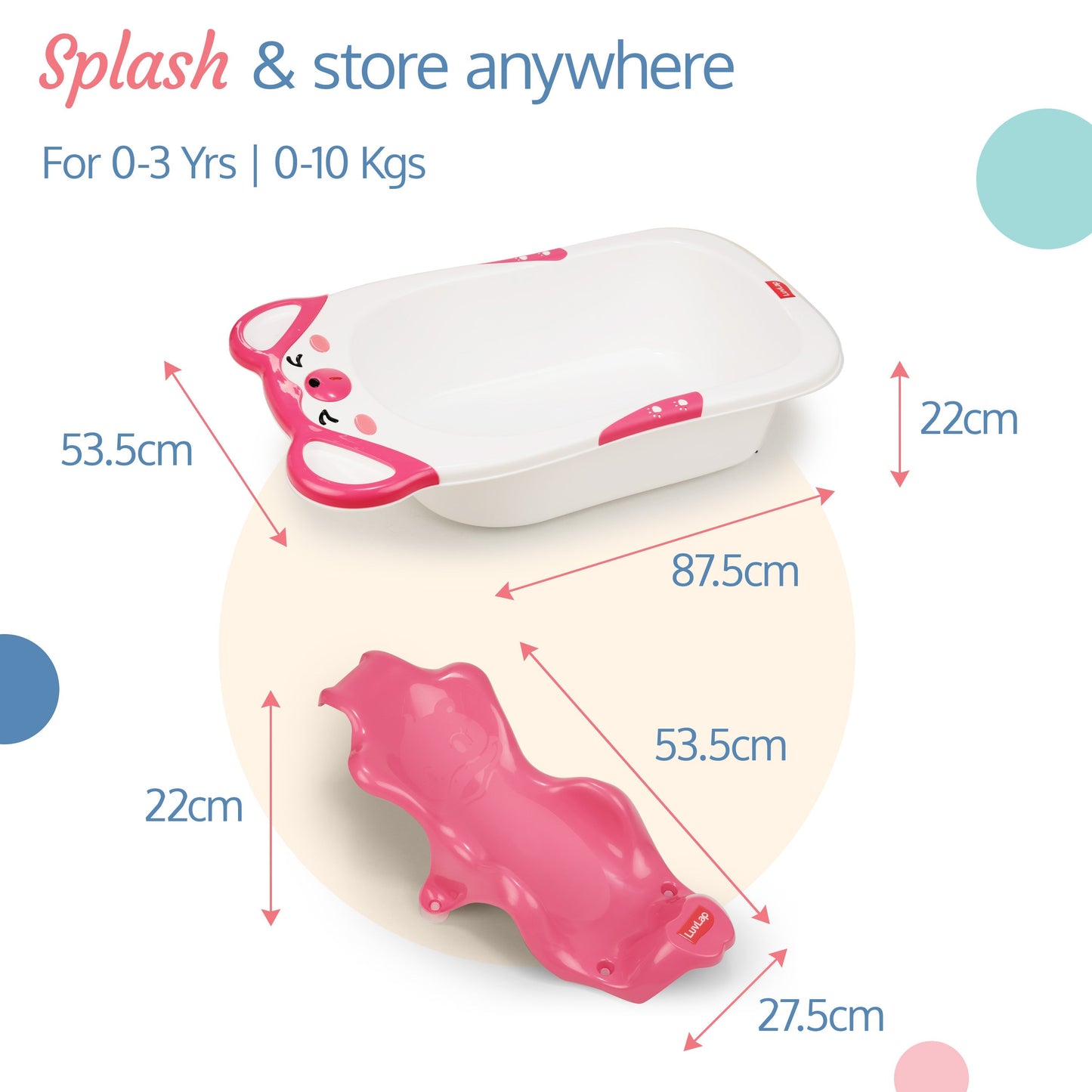 Bubble Baby Bathtub (White & Pink) & Anti Slip Baby Plastic Bath Chair (Pink), Bathtub with Drain Plug, Baby Bath Seat/Sling with Non Slip Suction Base, Baby Bathing Essential