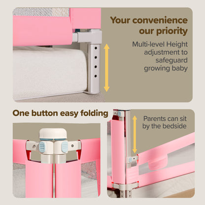 Bed Rail Guard for Baby/Kids Safety, 180cm x 72 cm, Portable & Foldable, Baby Safety Essential, Adjustable Height, fits All Bed Sizes (Pink - Without Print)