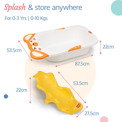 Bubble Baby Bathtub (White & Orange) & Anti Slip Baby Plastic Bath Chair (Yellow)