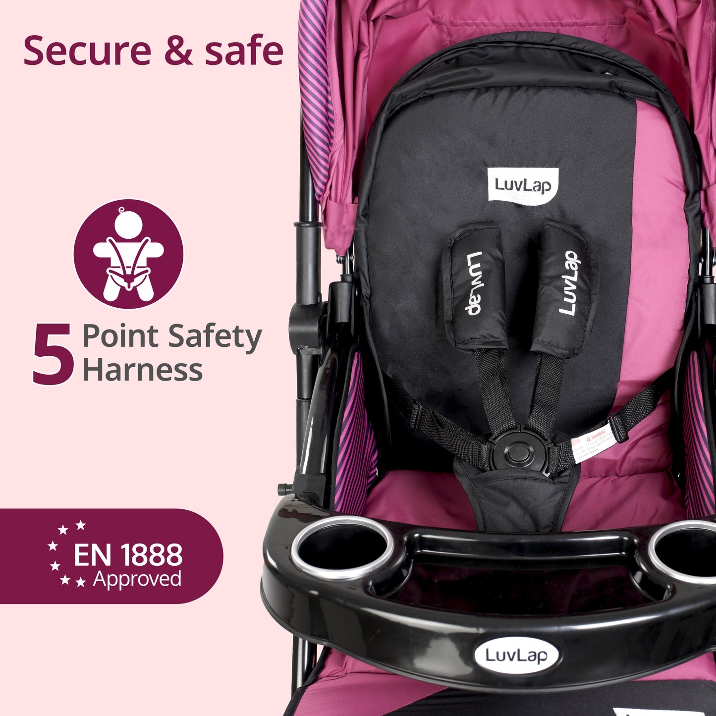 Galaxy Baby Stroller, Pram for Baby with 5 Point Safety Harness, Spacious Cushioned seat with Multi Level seat Recline, Easy Fold, Lightweight Stroller for 0 to 3 Years (Pink & Black)