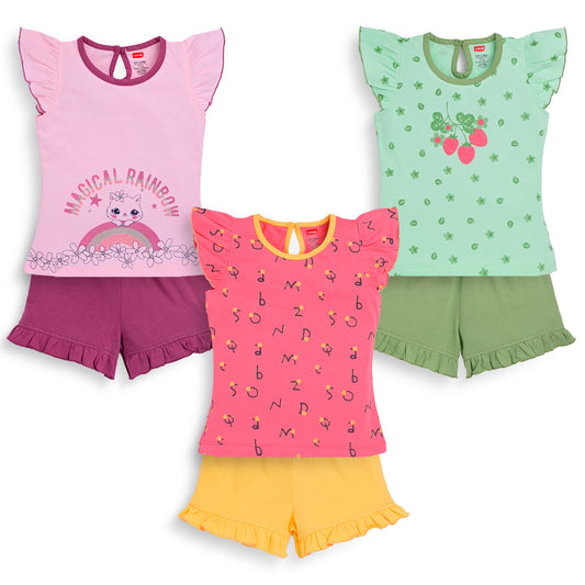 Baby Girls Pack Of 3 Half Sleeve Top & Shorts Set 100% Cotton