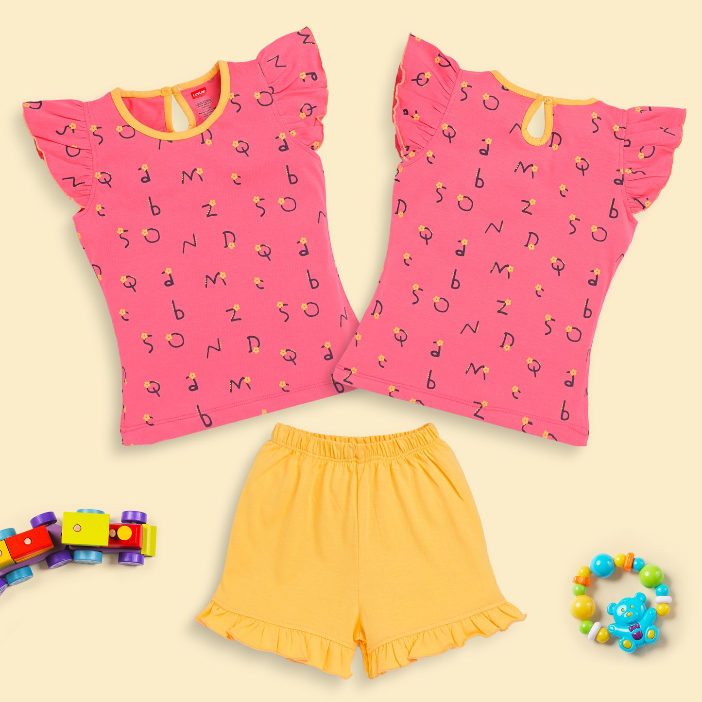 Baby Girls Pack Of 3 Half Sleeve Top & Shorts Set 100% Cotton