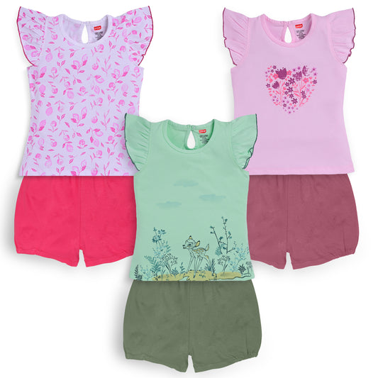 Baby Girls Pack Of 3 Half Sleeve Top & Shorts Set 100% Cotton