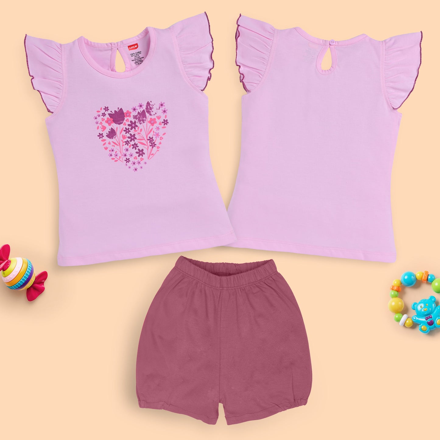 Baby Girls Pack Of 3 Half Sleeve Top & Shorts Set 100% Cotton