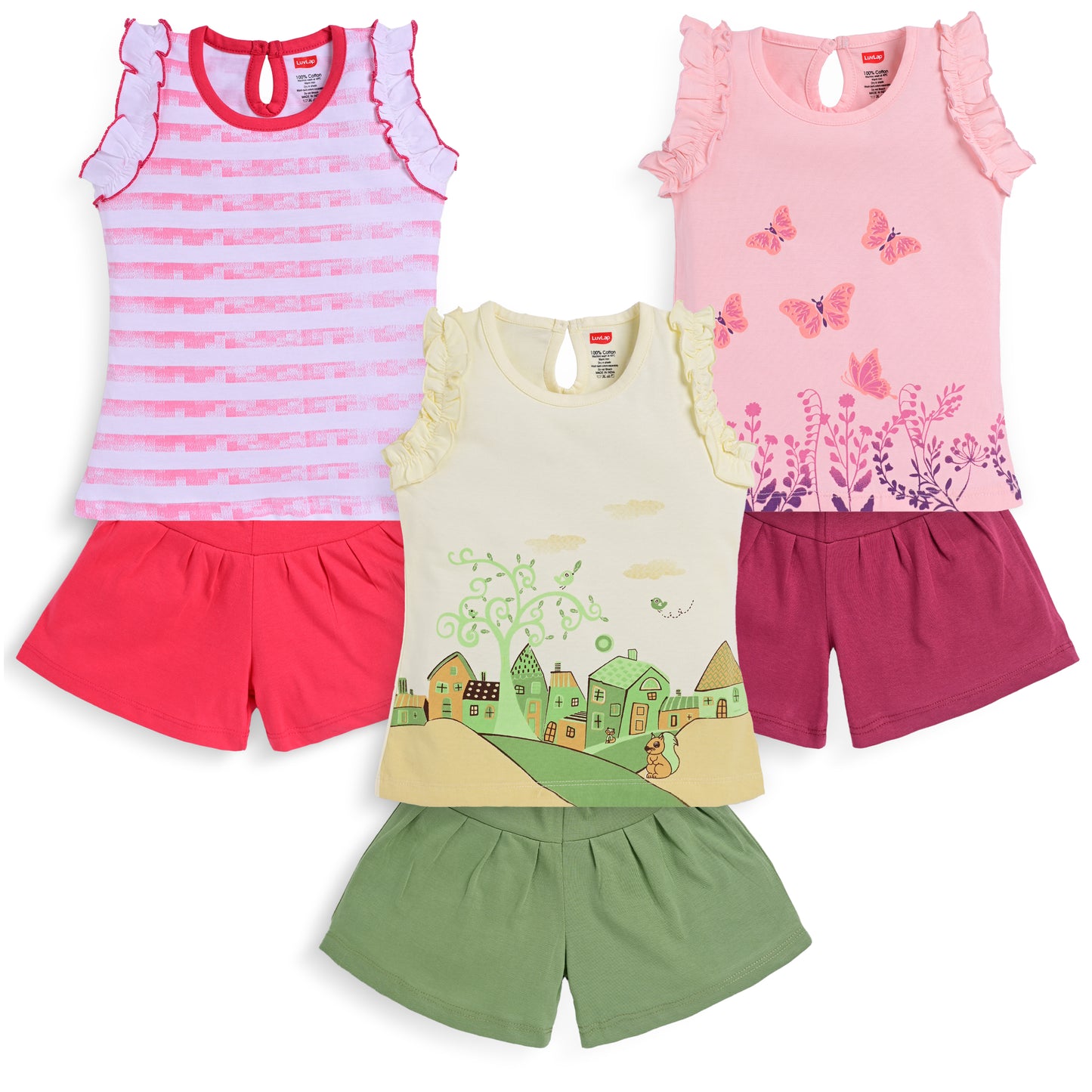Baby Girls Pack Of 3 Half Sleeve Top & Shorts Set 100% Cotton