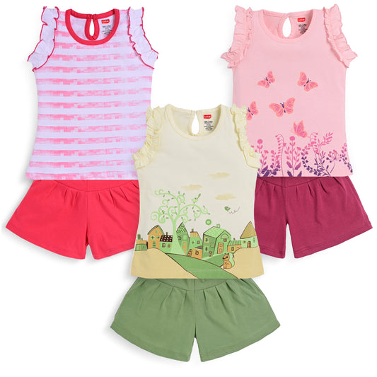 Baby Girls Pack Of 3 Half Sleeve Top & Shorts Set 100% Cotton