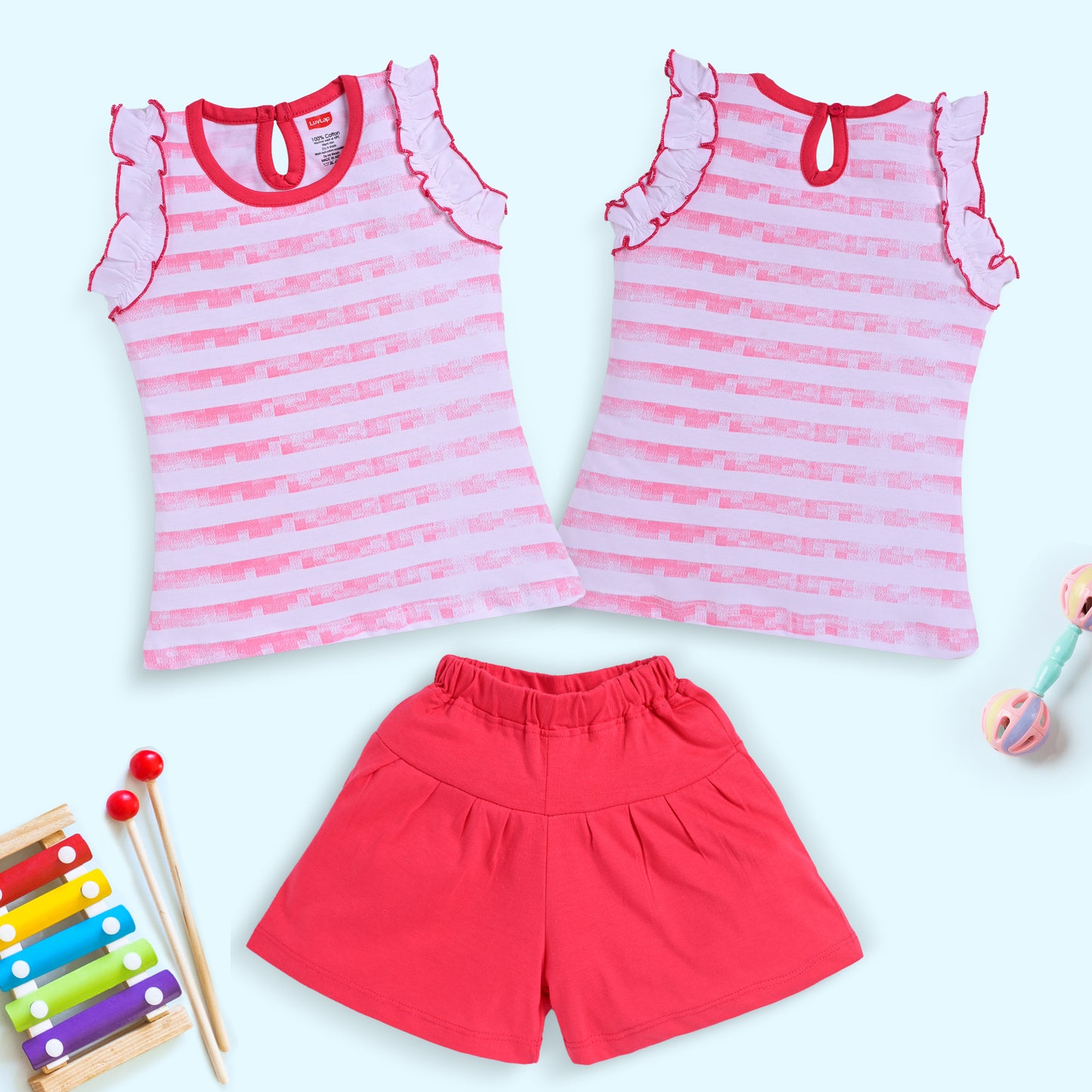 Baby Girls Pack Of 3 Half Sleeve Top & Shorts Set 100% Cotton