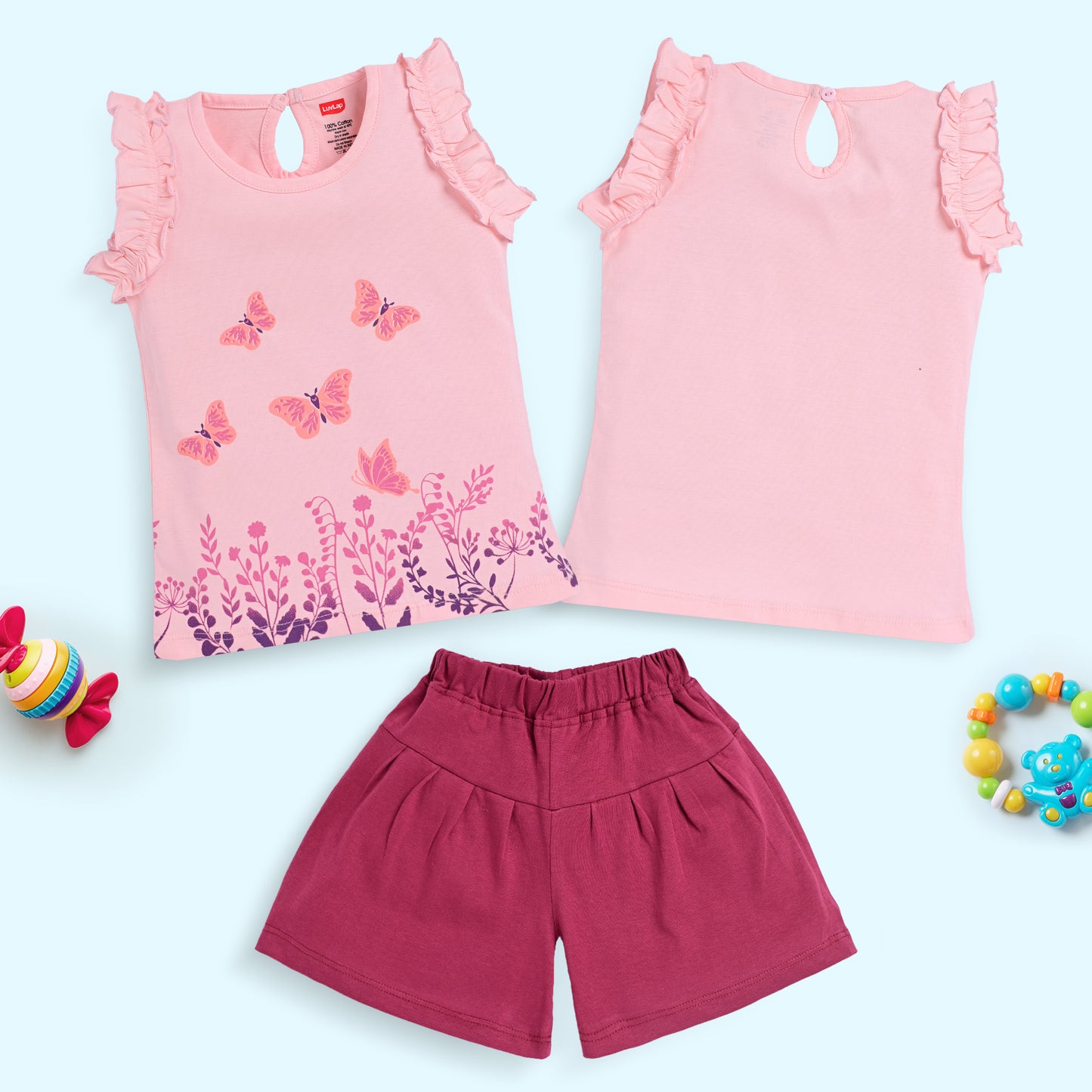 Baby Girls Pack Of 3 Half Sleeve Top & Shorts Set 100% Cotton