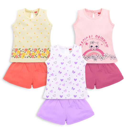 Baby Girls Pack Of 3 Sleeveless Top & Shorts Set 100% Cotton