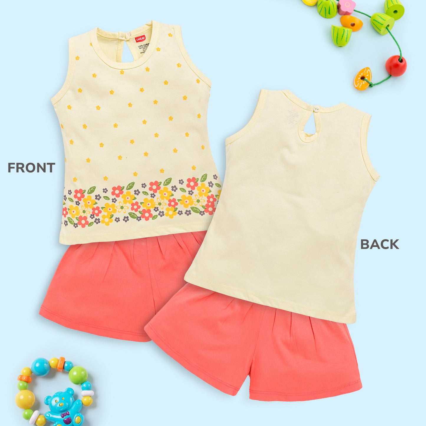 Baby Girls Pack Of 3 Sleeveless Top & Shorts Set 100% Cotton