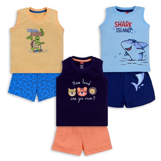 Baby Boys Pack Of 3 Sleeveless Tank Top & Shorts Set 100% Cotton