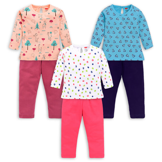 Baby Girls Pack Of 3 Full Sleeve Top & Pyjama Set 100% Cotton