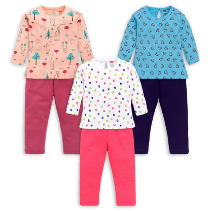 Baby Girls Pack Of 3 Full Sleeve Top & Pyjama Set 100% Cotton