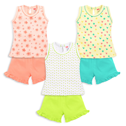 Baby Girls Pack Of 3 Sleeveless Top & Shorts Set 100% Cotton