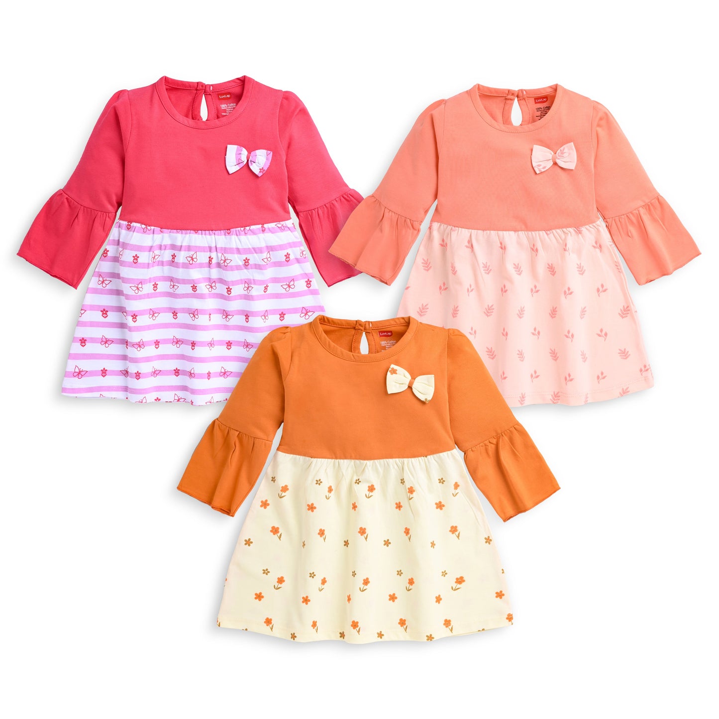 Baby Girls Pack Of 3 Full Sleeve Frock 100% Cotton