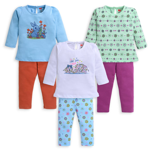 Baby Girls Pack Of 3 Full Sleeve Top & Pyjama Set 100% Cotton