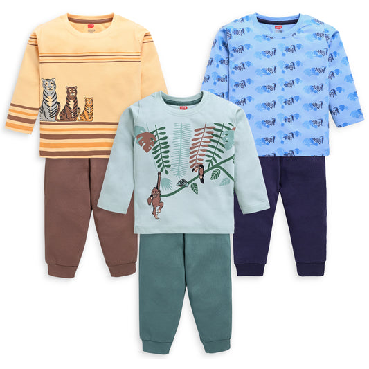 Baby Boys Pack Of 3 Full Sleeve T-Shirt & Pyjama Set 100% Cotton
