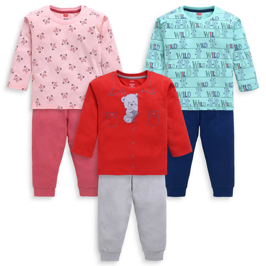 Baby Boys Pack Of 3 Full Sleeve T-Shirt & Pyjama Set 100% Cotton
