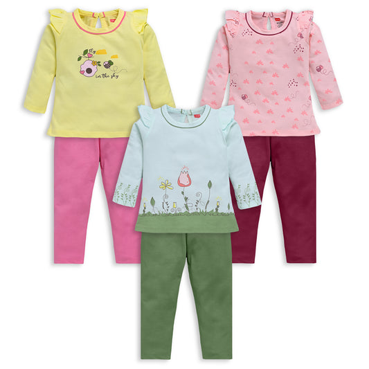Baby Girls Pack Of 3 Full Sleeve Top & Pyjama Set 100% Cotton