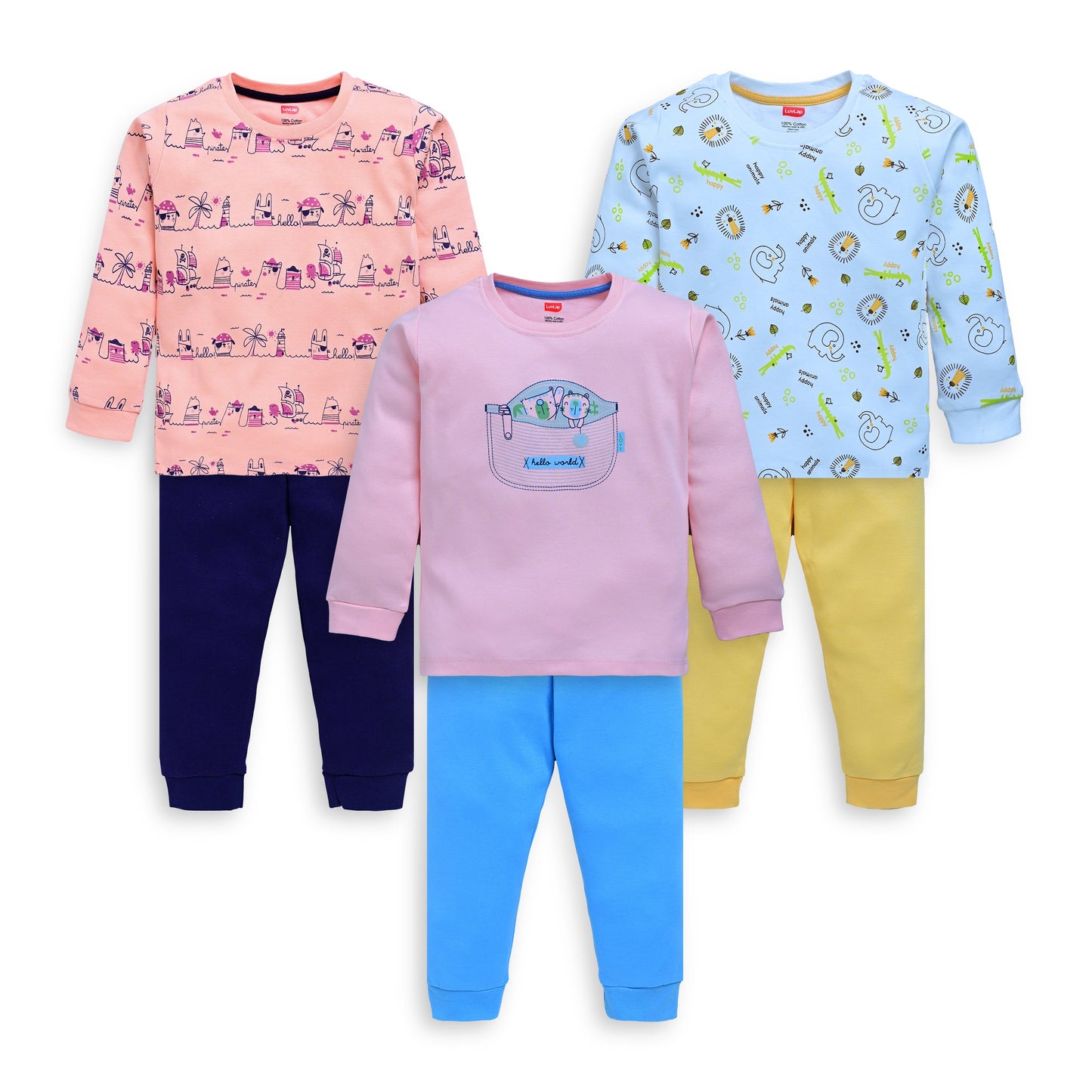 Baby Boys 100% Cotton Full Sleeve  Boys T-Shirt & Pyjama Sets Pack Of 3, Peach, Pink Rose & White