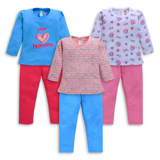 Baby Girls Pack Of 3 Full Sleeve Top & Pyjama Set 100% Cotton