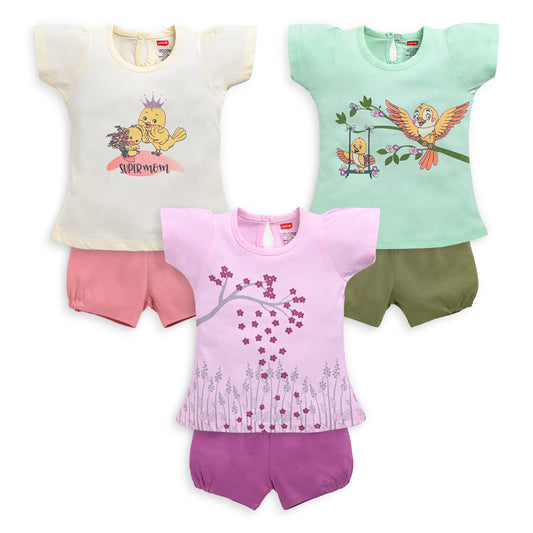 Baby Girls Pack Of 3 Half Sleeve Top & Shorts Set 100% Cotton