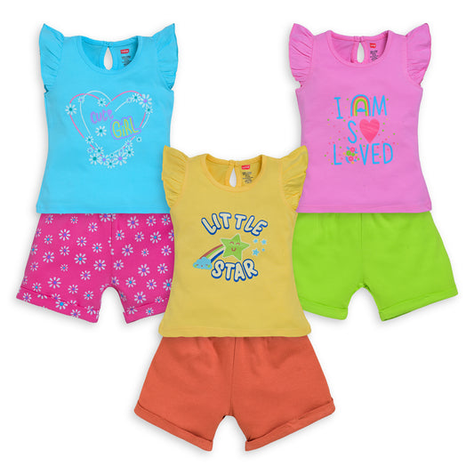 Baby Girls Pack Of 3 Half Sleeve Top & Shorts Set 100% Cotton