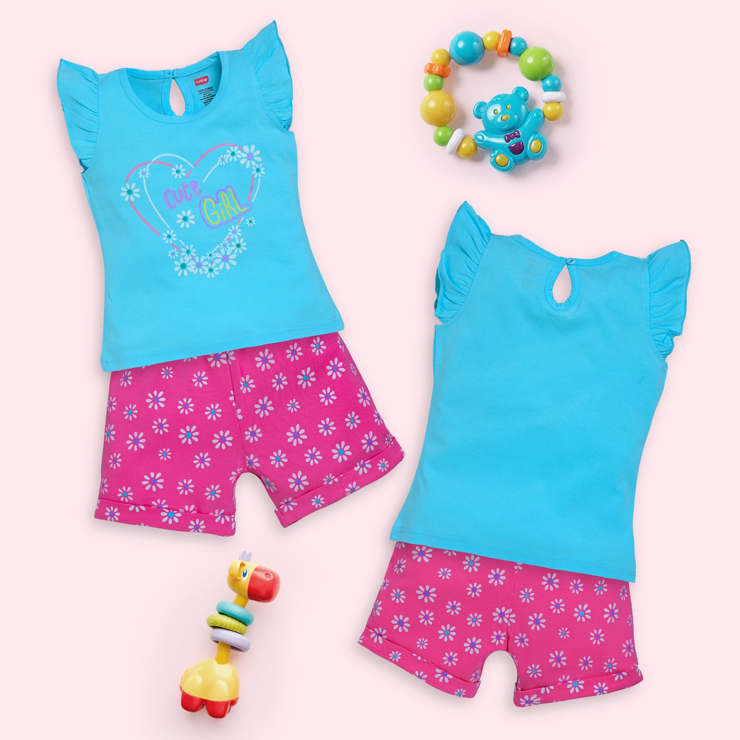 Baby Girls Pack Of 3 Half Sleeve Top & Shorts Set 100% Cotton