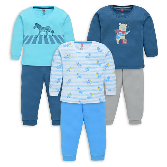 Baby Boys Pack Of 3 Full Sleeve T-Shirt & Pyjama Set 100% Cotton