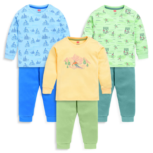 Baby Boys Pack Of 3 Full Sleeve T-Shirt & Pyjama Set 100% Cotton