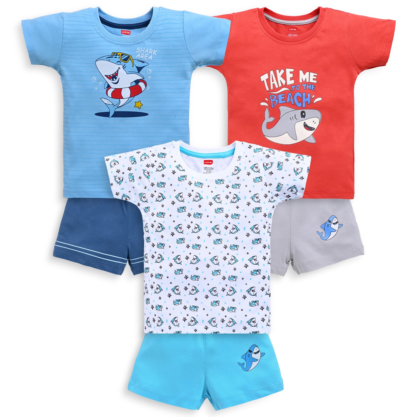 Baby Boys Pack Of 3 Half Sleeve T-Shirt & Shorts Set 100% Cotton