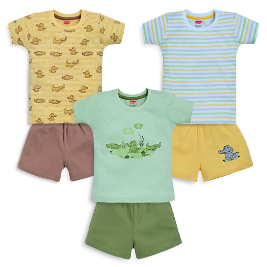 Baby Boys Pack Of 3 Half Sleeve T-Shirt & Shorts Set 100% Cotton