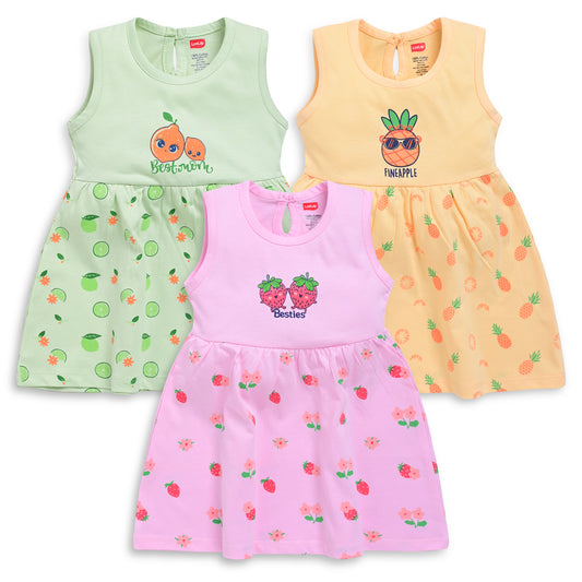 Baby Girl 100% Cotton Sleeveless Girls Frock Pack Of 3, Sea Foam Green, Mango & Baby Pink