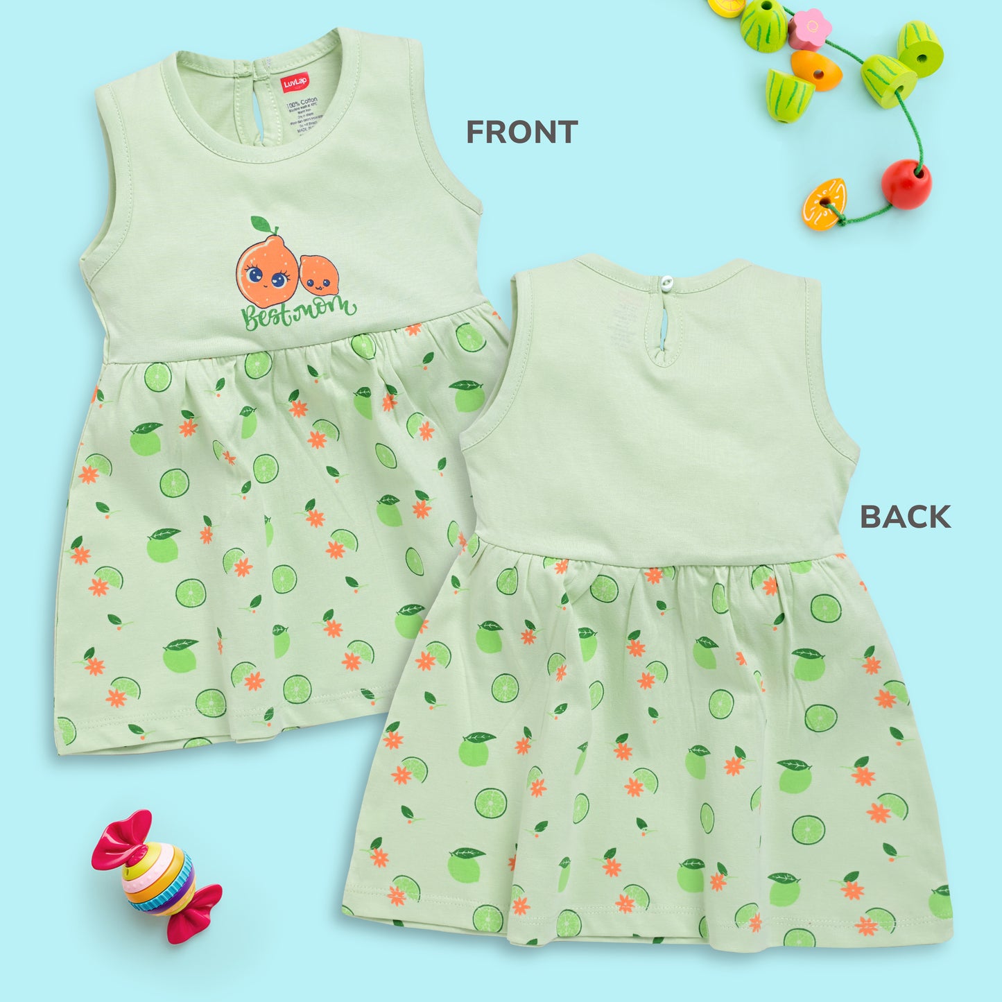 Baby Girl 100% Cotton Sleeveless Girls Frock Pack Of 3, Sea Foam Green, Mango & Baby Pink