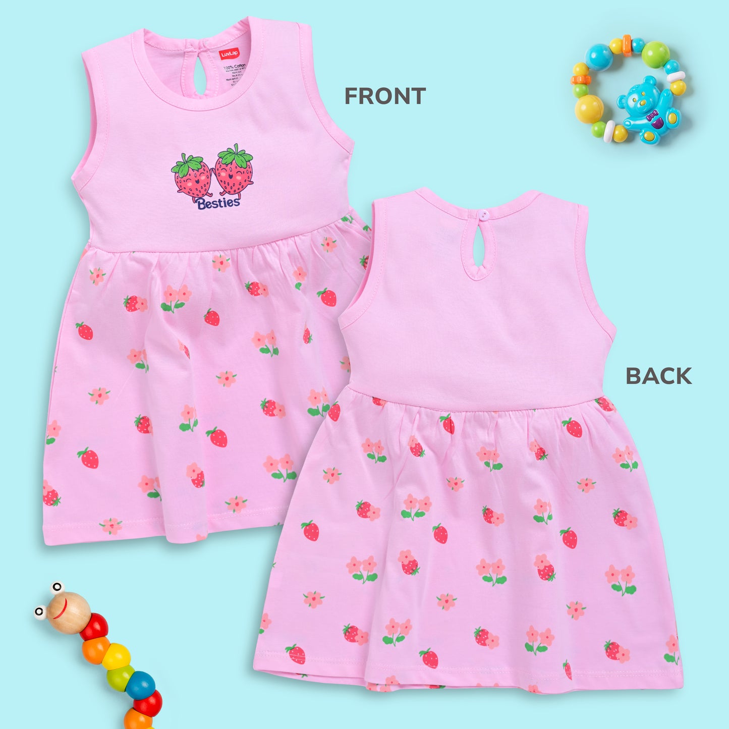 Baby Girl 100% Cotton Sleeveless Girls Frock Pack Of 3, Sea Foam Green, Mango & Baby Pink