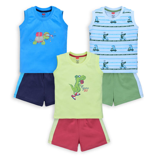 Baby Boys 100% Cotton Sleeveless Boys Tank Top & Shorts Sets Pack Of 3, Lime Green, White & Baltic Sea
