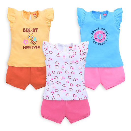 Baby Girls 100% Cotton Sleeveless Girls Top & Shorts Sets Pack Of 3