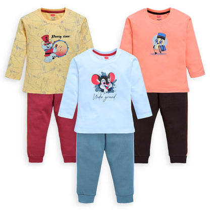 Baby Boys 100% Cotton Full Sleeve Boys T-Shirt & Pyjama Sets Pack Of 3, Mango, Sweet Peach & White
