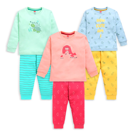 Baby Boys 100% Cotton Full Sleeve Boys T-Shirt & Pyjama Sets Pack Of 3, Peach, Misty Blue & Sea Green