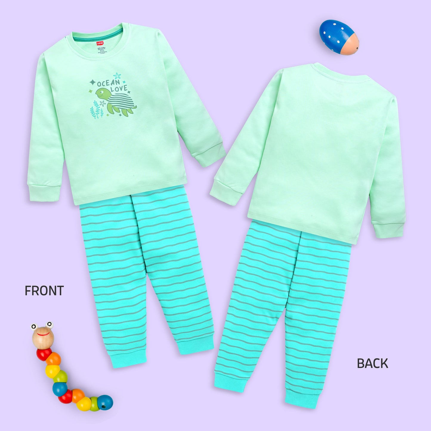 Baby Boys 100% Cotton Full Sleeve Boys T-Shirt & Pyjama Sets Pack Of 3, Peach, Misty Blue & Sea Green